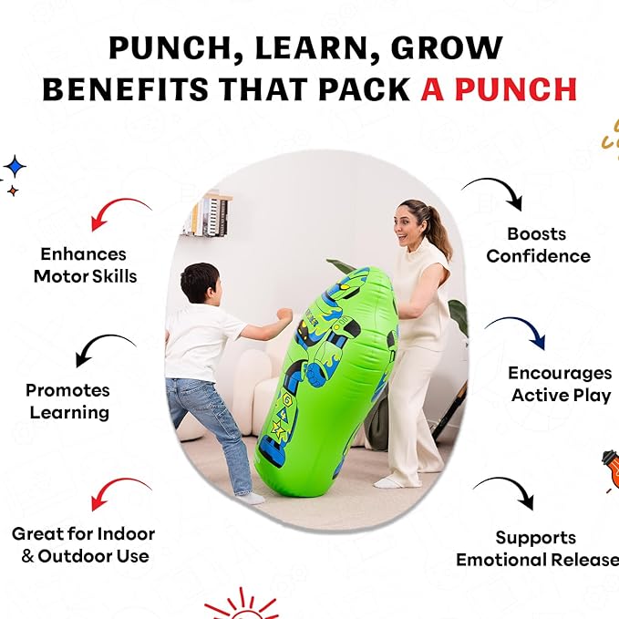 Inflatable Punching Bag for Kids – 47-Inch Bop Bag with Instant Bounce-Back Action, Includes Mask & Comic Book – Heavy Duty PVC Punching Dummy for Boys & Girls, Indoor & Outdoor Play