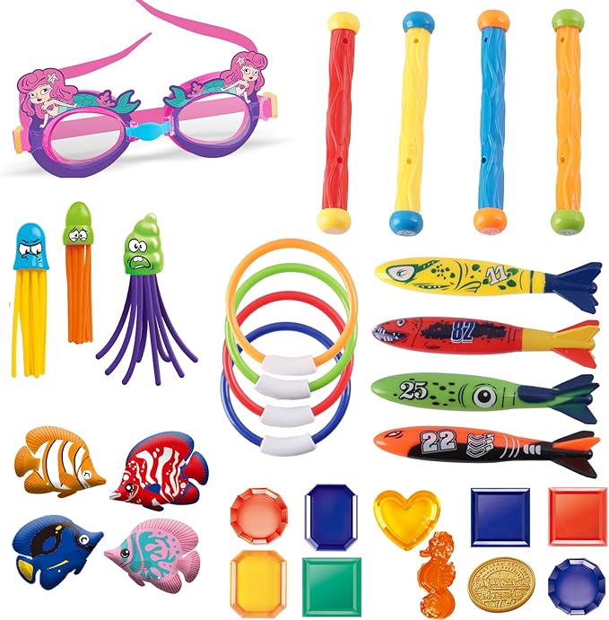 LITTLE FROGGY Kid’s Diving Set with 30 Pcs Diving Toy Kit Perfect for Pool, Beach, Water Parks, for Swimming Training & Water Games for Girls Aged 3-12 (Mermaid)