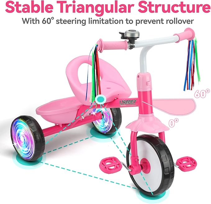 Liberry Toddler Tricycle Age 2 3 4 Years Old, Kids Trike with Light Up Wheels, Removable Pedal and Basket, 3 Wheel Bike Outdoor Indoor Riding Toy Gift for Girls Boys, Pink