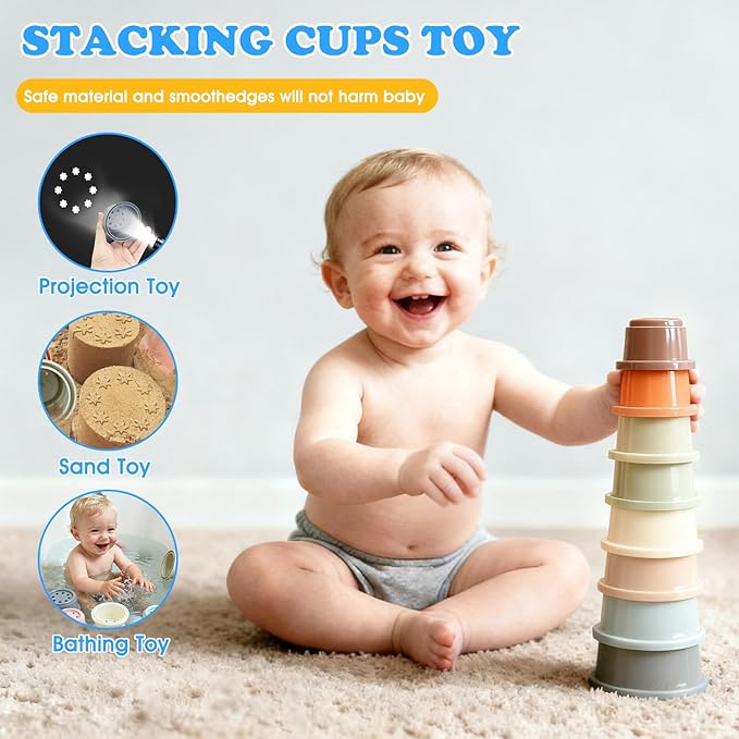6 in 1 montessori baby toys for 6-36 months old-incl Busy Cube,stacking cups,Shape Sorting Bin,baby blocks,crinkle books, suction cups spinners,Sorting Learning Sensory Toys Gift for Babies Aged 1-3