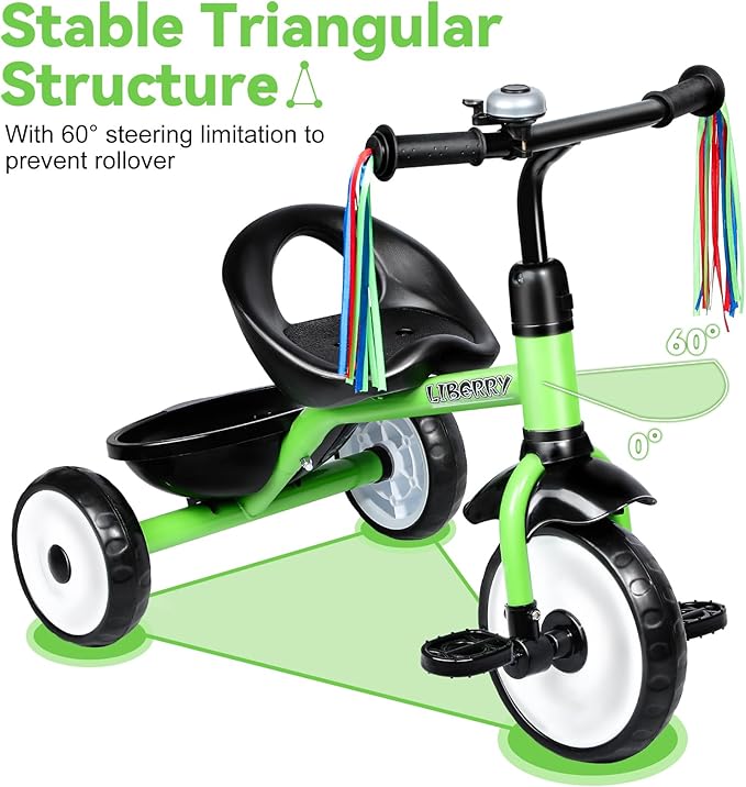 Liberry Toddler Tricycle Age 2 3 4 Years Old, Kids Trike with Bell, Back Basket and Removable Pedal, 3 Wheel Bike Birthday Toys Gift for Boys Girls, Green