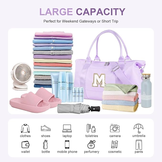 Dance Gym Duffel Bag for Teen Girls, Personalized Initial Travel Weekender Bag,Cute Overnight Carry On Duffle for Women,Sports Travel Cheer Bag,Monogram Christmas Gifts for Tween Preppy(purple-M)