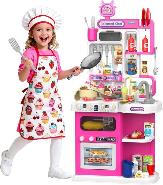 Kids Kitchen Playset, 36.22'' Play Kitchen for Toddlers 1-3 with Steam, Sound & Light, Cooking Stove, Play Sink, Oven and Toy Kitchen Accessories, Kitchen Set for Toddlers Girls 3 4 5 (Pink)