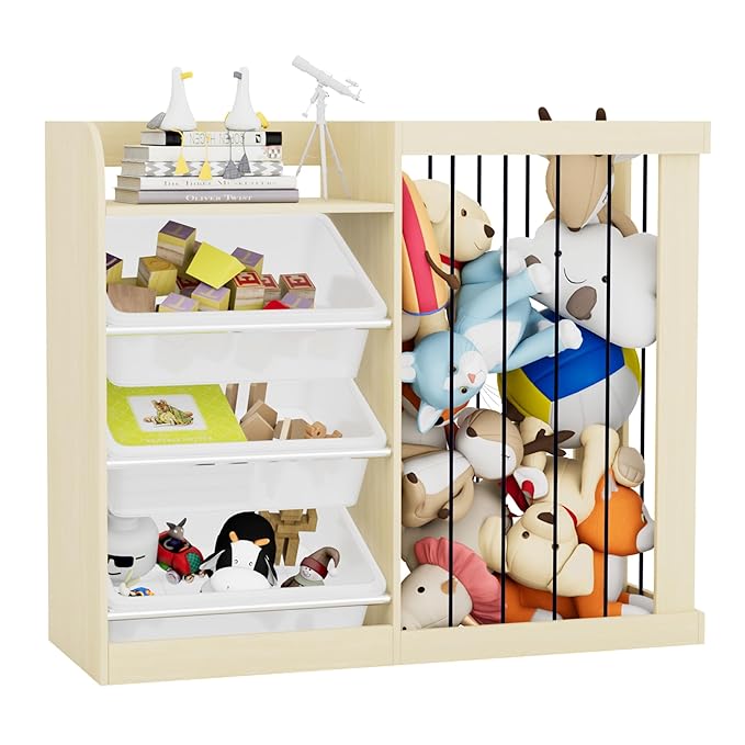 NACHES Kids Toy Organizer and 4-Tier Montessori Bookshelf with 3 Bins, 3-in-1 Toy Shelves and Stuffed Animal Storage for Playroom, Nursery, Baby Room (Burlywood)