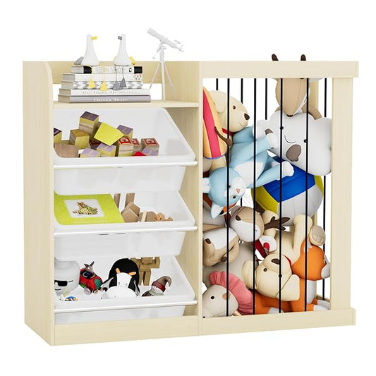 NACHES Kids Toy Organizer and 4-Tier Montessori Bookshelf with 3 Bins, 3-in-1 Toy Shelves and Stuffed Animal Storage for Playroom, Nursery, Baby Room (Burlywood)