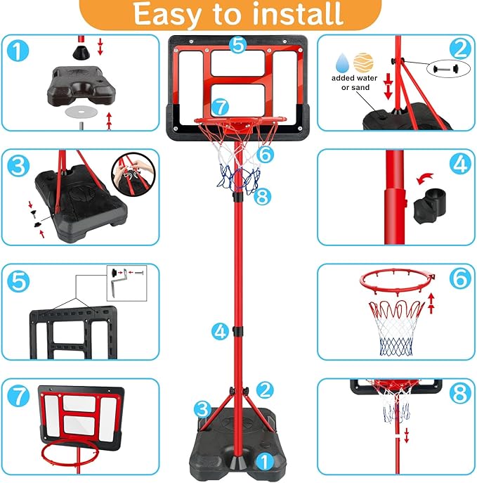Boys Toy Gifts for 3 4 5 6 7 8 Years Old, Kids Basketball Hoop Adjustable Height 3.5FT-6.2FT, Mini Basketball Hoop for Kid Boys, Basketball Goal Toys Outdoor Indoor Game Gifts for Boys, Red