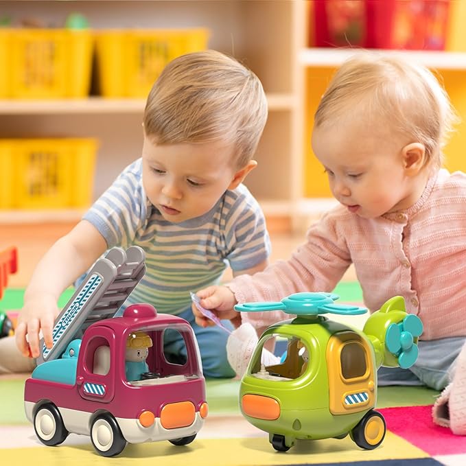 Baby Toys Push Cars for 1 2 3 Year Old 2 Pack Friction Powered Airplane Fire Trucks for Toddlers 1-3 Lights and Musical Toys for 1 Year Old First Birthday Gifts for Toddler