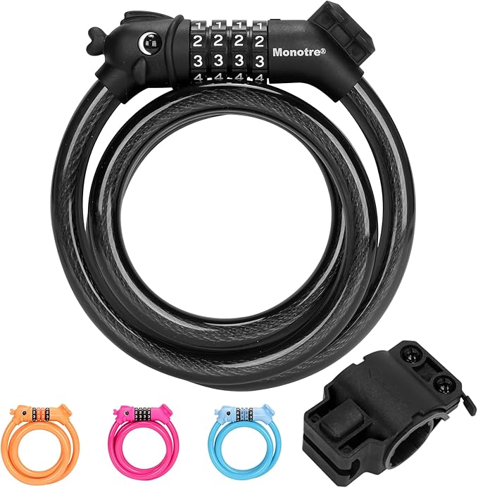 Bike Lock, 3.9 Feet 4-Digit Resettable Combination Password Anti-Theft Cable Lock, Cute Coiled Bike Locks with Mounting Bracket, Suitable for Bicycles, Electric Scooters, Ebikes (Black-10mm)