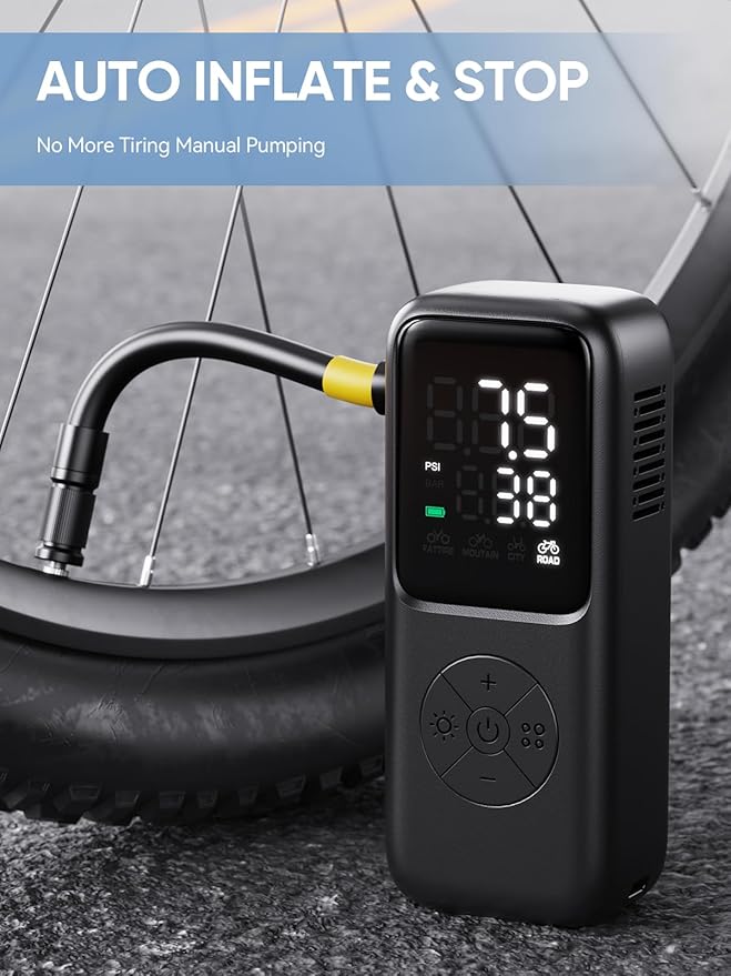 Mini Electric Bike Pump,120 PSI Bike Pump Portable with Guage Auto Stop, Bicycle Pump with Presta and Schrader, Bike Tire Pump Valve for Road Bicycle, Mountain Bike, E-Bike,Sports Ball