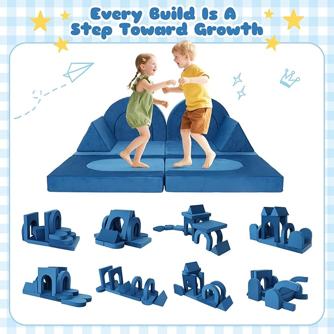 12 Pcs Modular Kids Play Couch, Toddler Couches That Fold Out, Plush Foam Chair for Children’s Playroom, Velvet Fabric Convertible Foam and Floor Cushion for Boys and Girls (Blue,07)