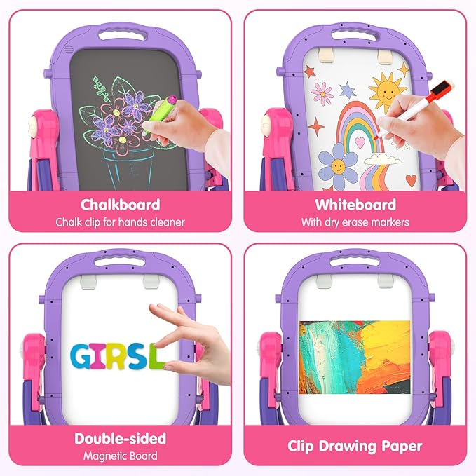 Easel for Kids, Toddler Art Easel Adjustable Standing, Magnetic Double Sided Easel with Painting Accessories Gift for Boys and Girls (Purple red)