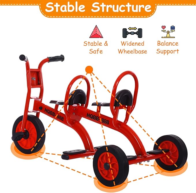Kids Tricycle for Ages 3-8, Double Kids Trike Bike, Preschool Daycare Outdoor Tandem Bike with Airless Rubber Tires, Two-Seater and Non-Slip Pedals, Gift for Boys and Girls