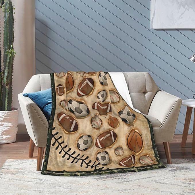 Vintage Sports Soccer Blanket Ultra Soft Cozy Plush Baseball Basketball Football Throw Blanket Sport Ball Fans Lovers Gifts Kids Adults Lightweight Flannel Comfy Blankets for Couch Sofa Bed 80"x60"