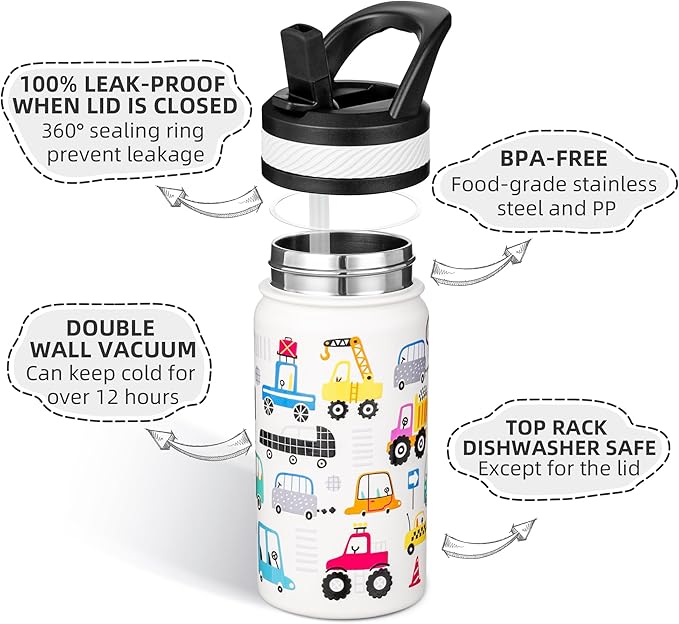 Fanhaw 14 Oz Kids Insulated Water Bottle with Straw - Stainless Steel Double Wall Vacuum Cup, Leakproof, BPA Free, Suitable for Boys and Girls(White - Heavy Traffic)