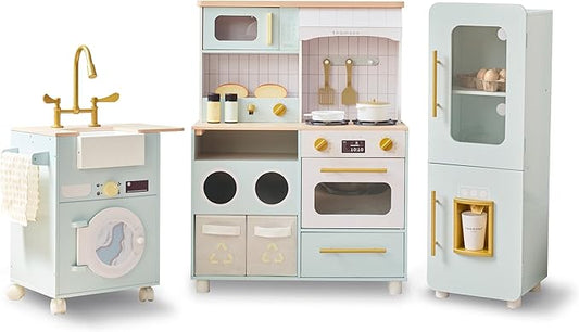 Teamson Kids Little Chef Savannah Wooden Montessori Pretend Play Kitchen for Toddlers Kids Ages 3+ Modular Three-Piece Set with Sink Cart Stove & Fridge for Boys and Girls Playset, Green