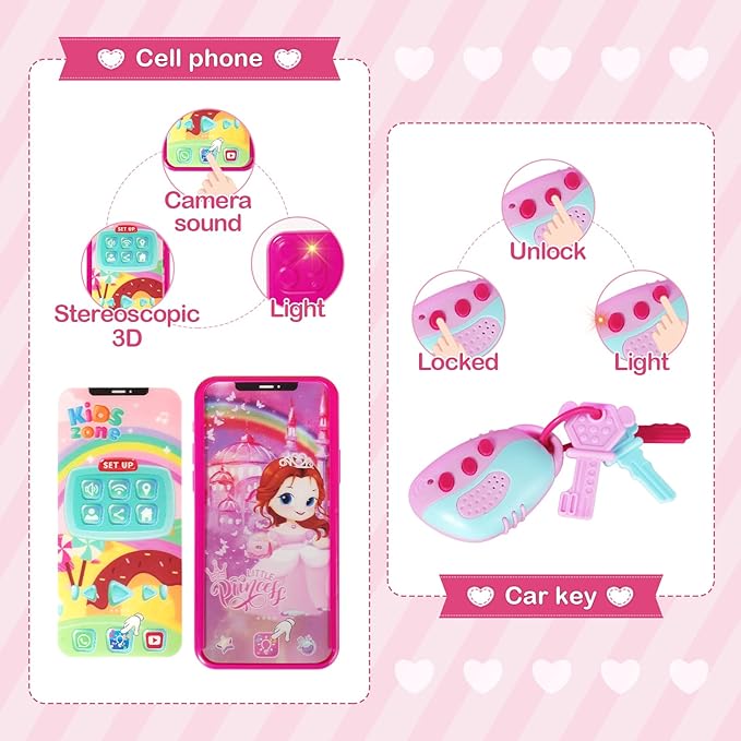 Shemira Play Purse for Little Girls, Princess Pretend Toys for Girls 3 4 5 6 7 8 Years Old, Christmas & Birthday Gift for Kids Age 3-5 4-6 6-8, Toddler Purse with Accessories, Kids Toy Purse,Pink