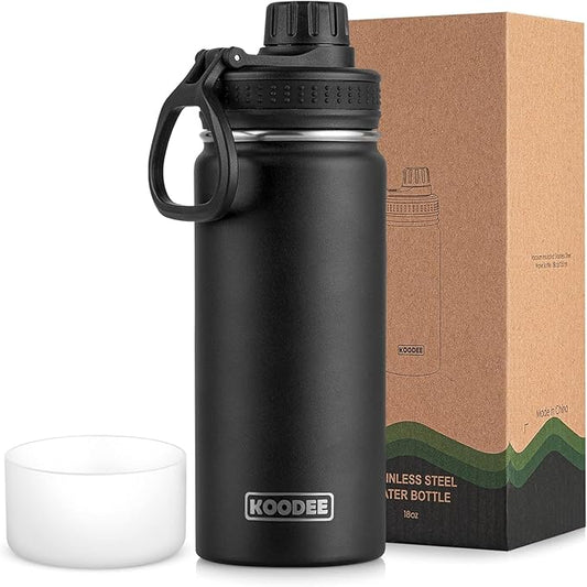 Koodee Insulated Water Bottle, 18 oz Stainless Steel Double Wall Vacuum Wide Mouth Sport Bottle with Leakproof Spout Lid (Black)