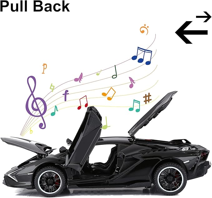 SASBSC Lamb Toy Cars for Kids Sian Diecast Metal Model Car with Light and Sound Fkp3 Pull Back Toy Car for Boys Age 3 + Year Old (Black)