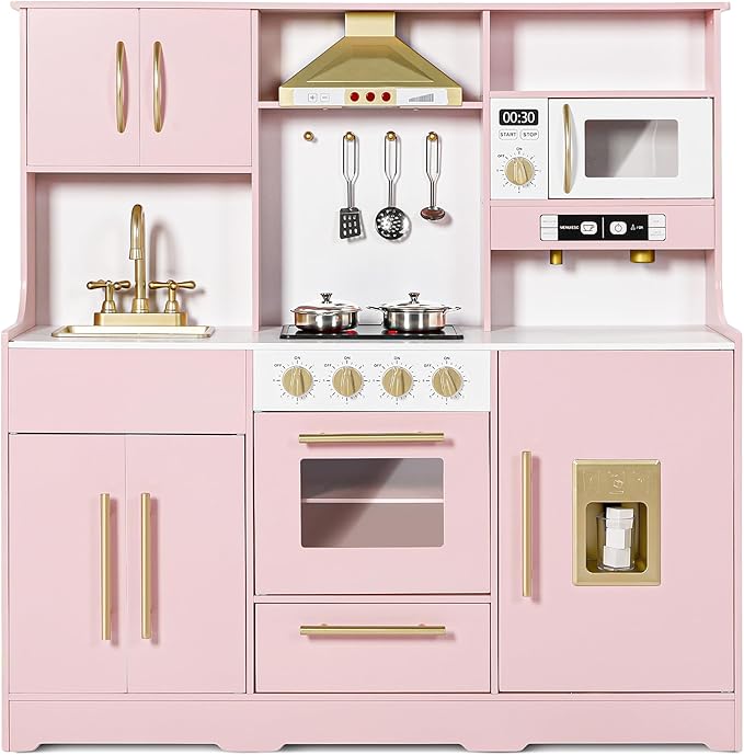 Kinder King Wooden Kids Play Kitchen, Toy Kitchen Playset for Toddler, Play Kitchen Set w/Real Sounds, Pretend Coffee Machine, Kitchen Hood, Sink, Ice Maker, Gift for Boys Girls Age 3+, Pink