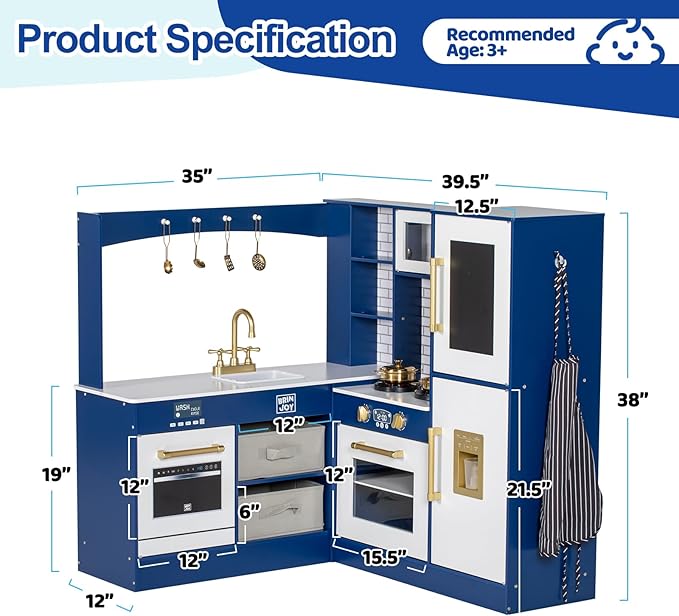 Corner Play Kitchen for Kids, Wooden Toddler Kitchen Playset w/Faucet, Sink, Microwave, Oven, Apron, Blackboard, Cabinets, Pretend Cooking Toys w/Sound & Light Gift for Ages 3+ (Blue)