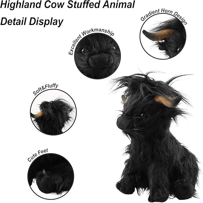 Highland Cow Fluffy Stuffed Animal, 10" Adorable Realistic Plush Toy Soft Cute Cow Plushie Home Decor Gift for Boys Girls Kids Teens Adults, Black