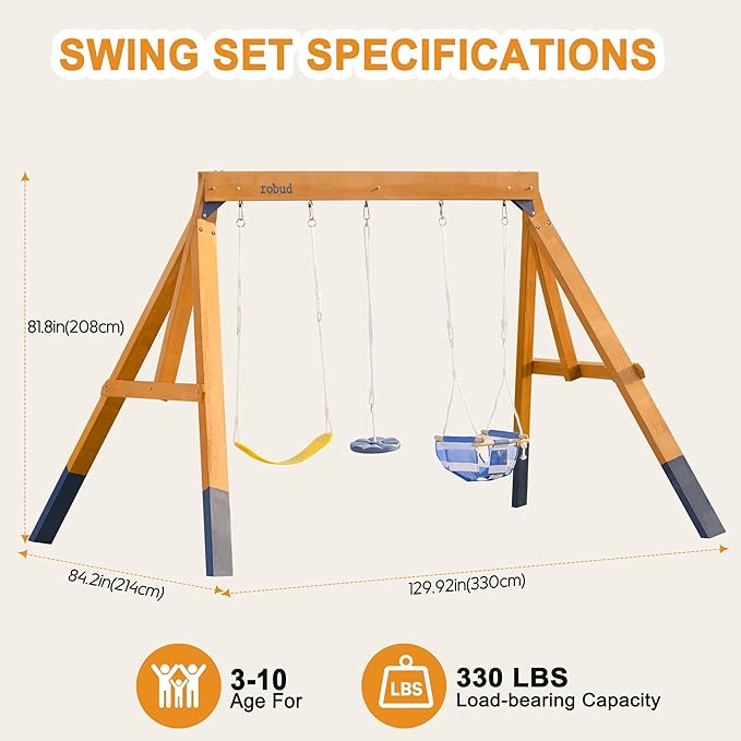 ROBUD 3-in-1 Playground Wooden Swing Sets for Backyard, DIY Swing Sets with Tree Swing and 2 Toddler Swings, Kids Outdoor Play Equipment, Outdoor Playset for Kids & Toddlers, Ages 3+