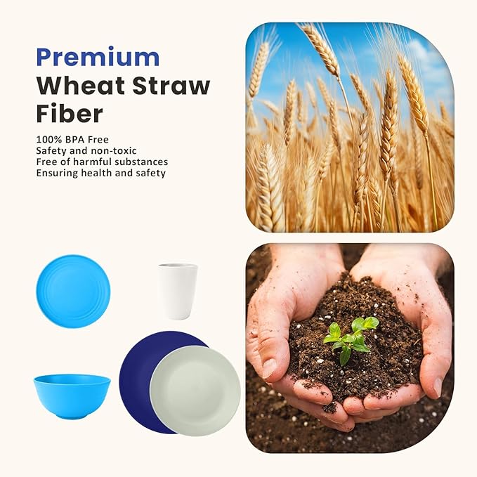 Homienly 40 PCS Wheat Straw Plates and Bowls Sets, Cups Sets, Service for 8, Unbreakable Microwave and Dishwasher Safe Dinnerware Sets,Reusbale Plastic Dishes Set - Island, Matte