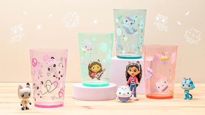 Zak Designs DreamWorks Gabby's Dollhouse Nesting Tumbler Set for At Home, 14.5oz Non-BPA Plastic Cups, 4-Pack (Gabby, Pandy Paws, Cakey Cat, Mercat, Kitty Fairy, Baby Box)