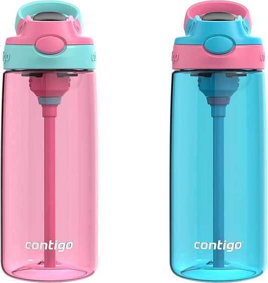 Contigo Aubrey Kids BPA-Free Water Bottle with Silicone Straw Spill-Proof Lid Dishwasher Safe 20oz 2-Pack Suitable for 3+ Years Azalea/Jade & Blue Raspberry/Azalea