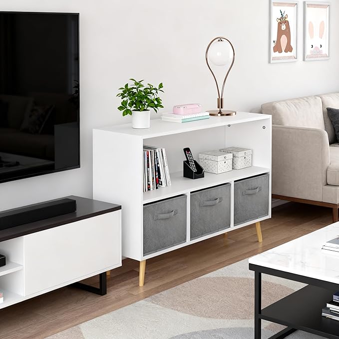 Kids Bookshelf, Wooden Bookshelf with 3 Collapsible Fabric Drawers and Pine Legs, Kids Bookcase with Storage for Books & Toys, White Multifunctional Bookcase for Nursery & Bedroom