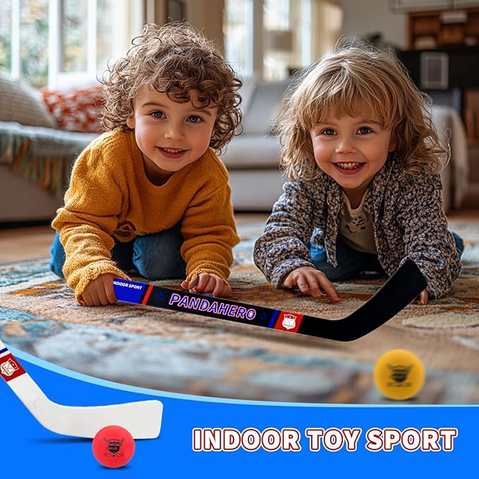 Pandahero Mini Hockey Stick Set for Kids – Indoor Floor Hockey Kit with 4 Mini Hockey Sticks & 12 Knee Hockey Balls – Soft Foam Pucks & Balls – Fun Hockey Gifts for Boys & Girls