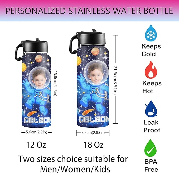 M YESCUSTOM Personalized Water Bottles for Kids with Straw Lid Custom Space Water Bottle for School Customized Name Stainless Steel Double Wall Insulated Cup Birthday Gifts for Boy Girl Style18