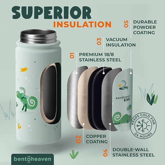 Bentoheaven Kids Water Bottle Stainless Steel for Boys & Girls, 2 Lids (Chug & Straw), Handle & Silicone Boot, Reusable Metal Leak-proof Insulated Tumbler, School & Sports 17oz (Green)