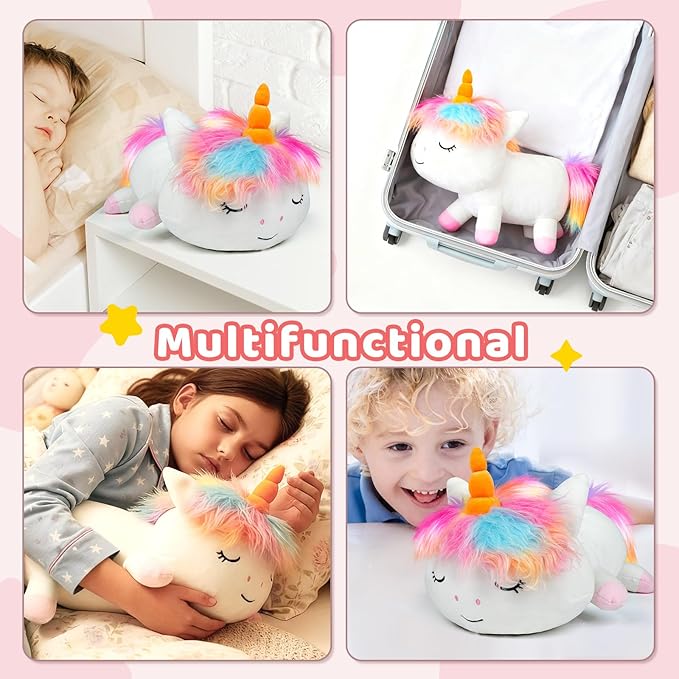 Puffpals Weighted Plush, Cute Pink Unicorn Weighted Stuffed Animal with Beads, Soft Sensory Plush Pillow Toy for Kids & Adults (14in, 1.7lbs)