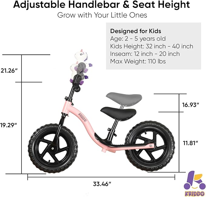 KRIDDO Toddler Balance Bike 2 Year Old, Age 24 Months to 5 Years Old, Early Learning Interactive Push Bicycle with Steady Balancing, Gift Bike for 2-5 Boys Girls, Pink