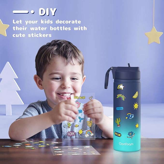 Kids Water Bottle, 2-Pack 20oz Water Bottles with Stickers and Straw, Stainless Steel Vacuum Insulated cup, Kids Water Bottle for School, Gifts for Boys and Girls(Blue/Purple)