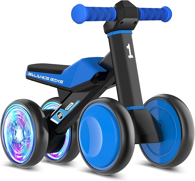 Colorful Lighting Baby Balance Bike Toys for 1 Year Old Boys Gifts, Toddler First Bike 12-24 Months with Adjustable Soft Seat, 4 Silent Wheels Ride on Toy, Perfect First Birthday Gift