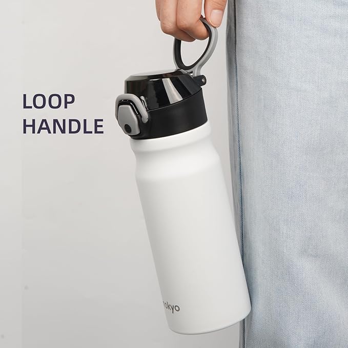 Insulated Water Bottle with Straw and Carry Loop,18 oz Stainless Steel Double Wall Vaccum Metal Water Flask with Leak-proof Lid,White