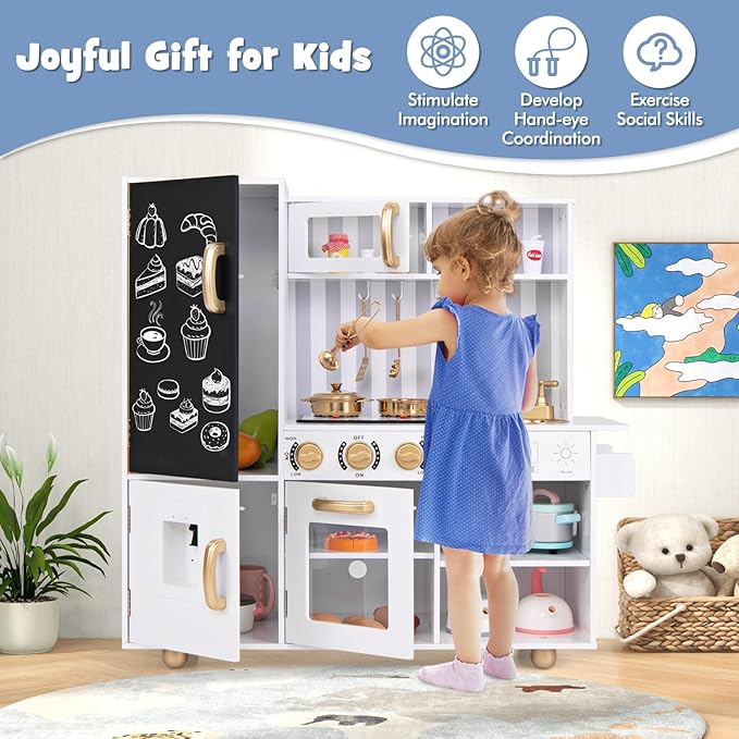 HONEY JOY Kids Kitchen Playset, Wooden Little Chef Pretend Play Kitchen Set w/Chalkboard & Water Dispenser, Lighted Stove, Storage Cabinet, Utensils, Play Kitchen for Toddlers, White + Golden