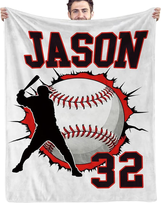 Personalized Baseball Blankets with Name Numbers, Custom Baseball Team Game Throw Flannel Blankets Stuff Gifts for Boys Sports Lover Fans Kids Adult