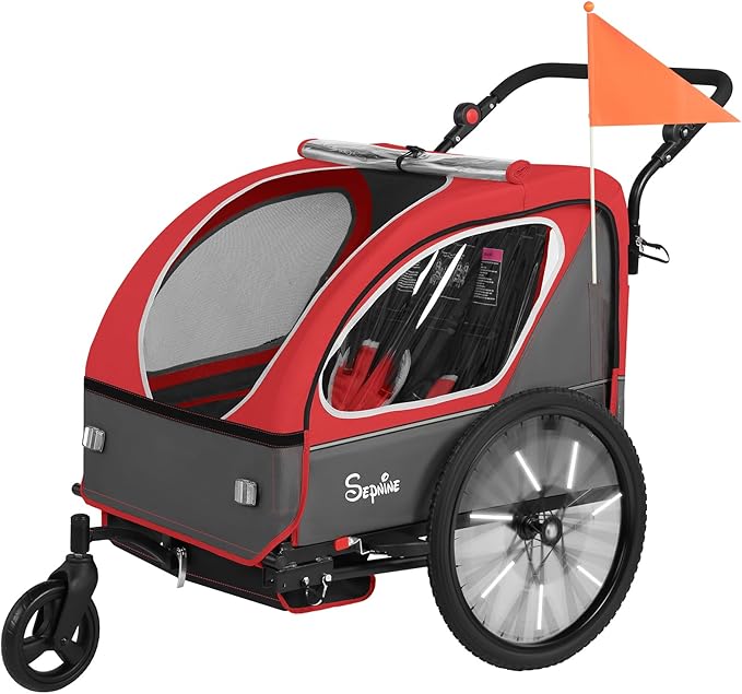 Sepnine Kids Bike Trailer, 2 in1 Canopy Carrier Converts to Pushcart Suitable for 1 to 2 Toddlers, Kids, Quick Attach to Bike, Foldable, with 5-Point Harness and Storage Bags