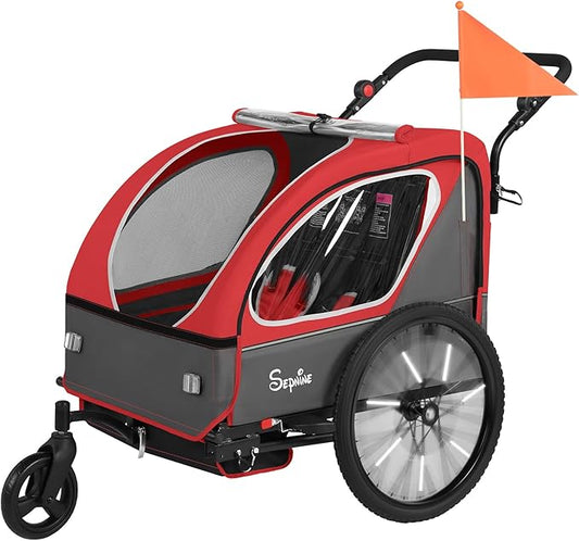 Sepnine Kids Bike Trailer, 2 in1 Canopy Carrier Converts to Pushcart Suitable for 1 to 2 Toddlers, Kids, Quick Attach to Bike, Foldable, with 5-Point Harness and Storage Bags