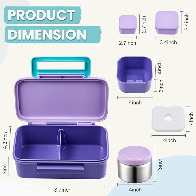 PIQUEBAR Kids Lunch Bento Box with 8oz Thermo Ice Pack Food Container with Insulated Lunch Bag, Insulated Water Bottle with Straw for Girls Boys, (A-Purple)