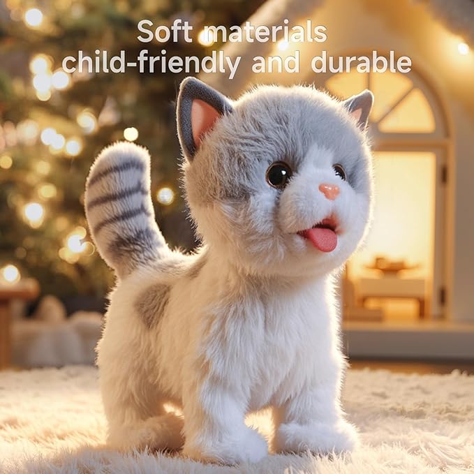 OR OR TU Walking Toy Cat with Remote Control Leash, Plush Cat Electronic Interactive Toys for Kids, Shake Tail, Licking, Pretend Dress Up Realistic Stuffed Animal Cat Age 3 4 5 6+ Years Old Best Gift