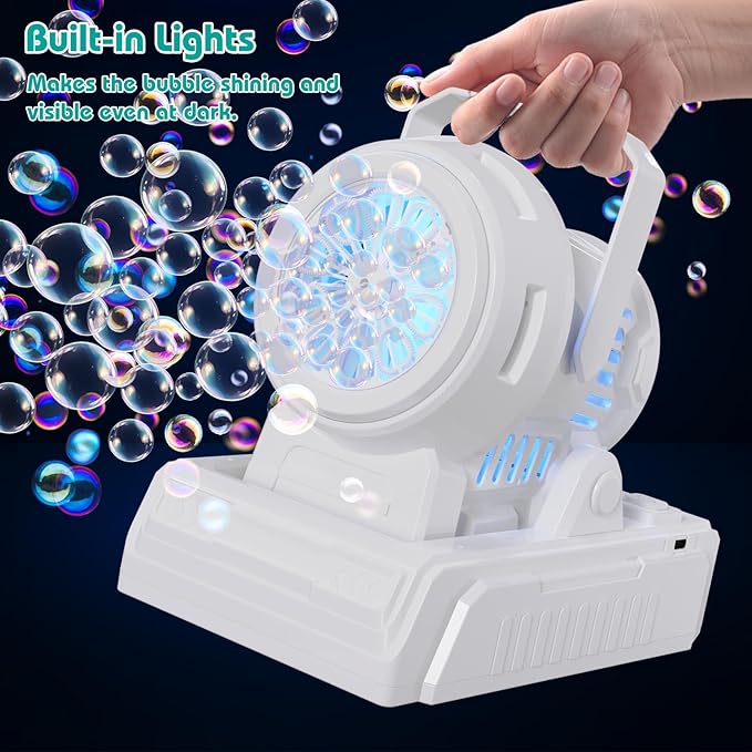 Panamalar Bubble Machine Adjustable Angle, 10 Big Holes Automatic Bubble Blower for Kids 20000+ Big Bubbles with Solution/Lights, Portable Outdoor Bubble Maker Toys for Garden Party Wedding-White