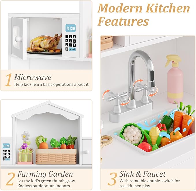 Keyluv Wooden Play Kitchen for Kids and Toddler, Montessori Toy Kitchen Playset with Plenty of Pretend Play Features and Storage Drawers, Gift for Boys and Girls, White