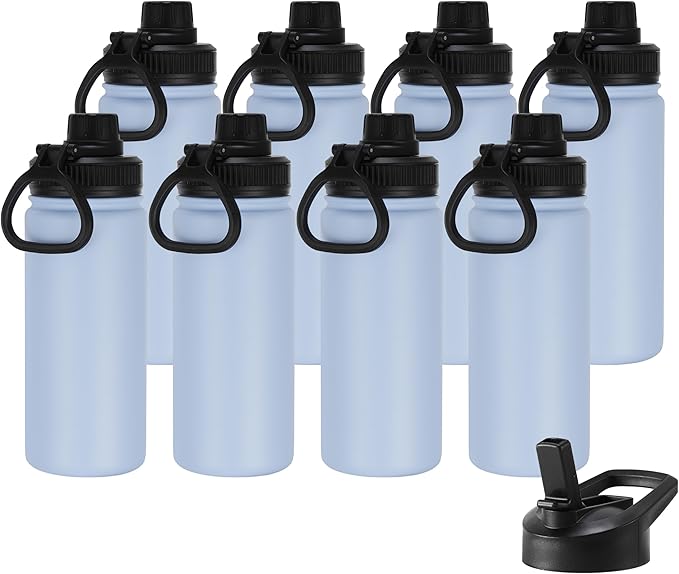 DOMICARE 16 oz Kids Water Bottle for School Stainless Steel Double Wall Vacuum Insulated Water Bottle with Straw lids & Spout Lid, Leakproof BPA Free (Light Blue,8)