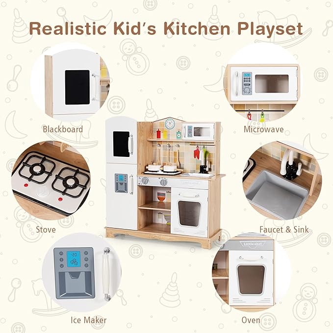 HONEY JOY Kids Kitchen Playset, Wooden Pretend Play Kitchen for Toddlers, Microwave, Faucet, Stove w/Lights, Blackboard, Storage Cabinet, Little Chef Toy Kitchen Set, Gift for Boys Girls 3+, Natural