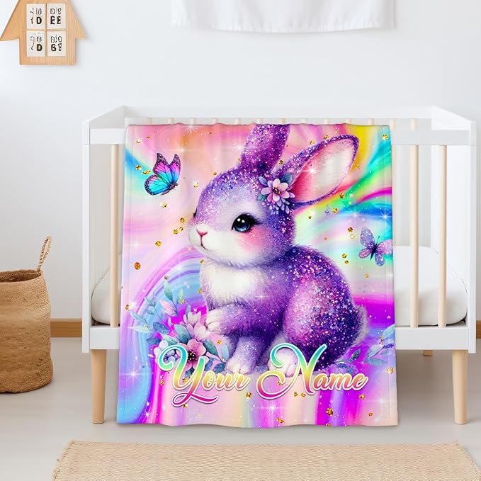 Personalized Blanket for Girls, Bunny Throw Blanket Gift for Kids Teens Adults, Custom 50"x40" Soft Cozy Blankets for Couch Sofa Bed Travel Bedroom Decor