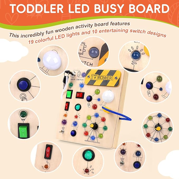 Montessori Busy Board for Toddlers, 19-LED Wooden Sensory Activity Board, Educational Toys for 3-6 Year Olds, Travel Toy for Early Science Exploration